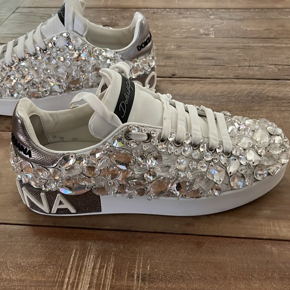 Dolce & Gabbana Portofino Crystal Embellished Leather Sneakers - Picture 7 of 16
